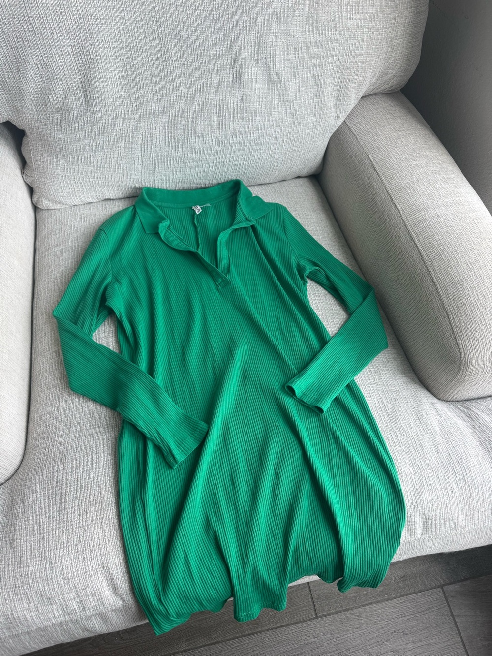 H&M Bright Green Ribbed Collared Long Sleeve Mini Dress